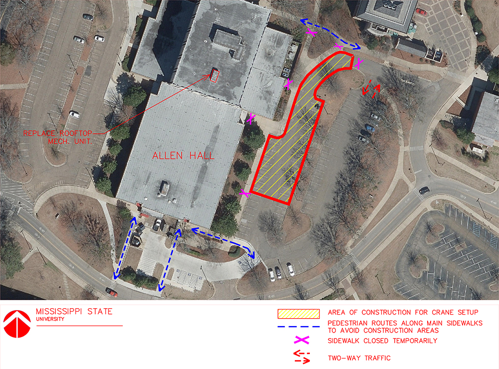 Construction affecting Allen Hall sidewalk, parking this week
